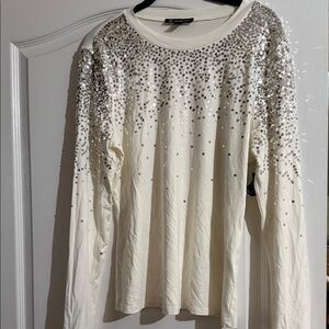 INC International Concepts Silver Sequin Cream Top